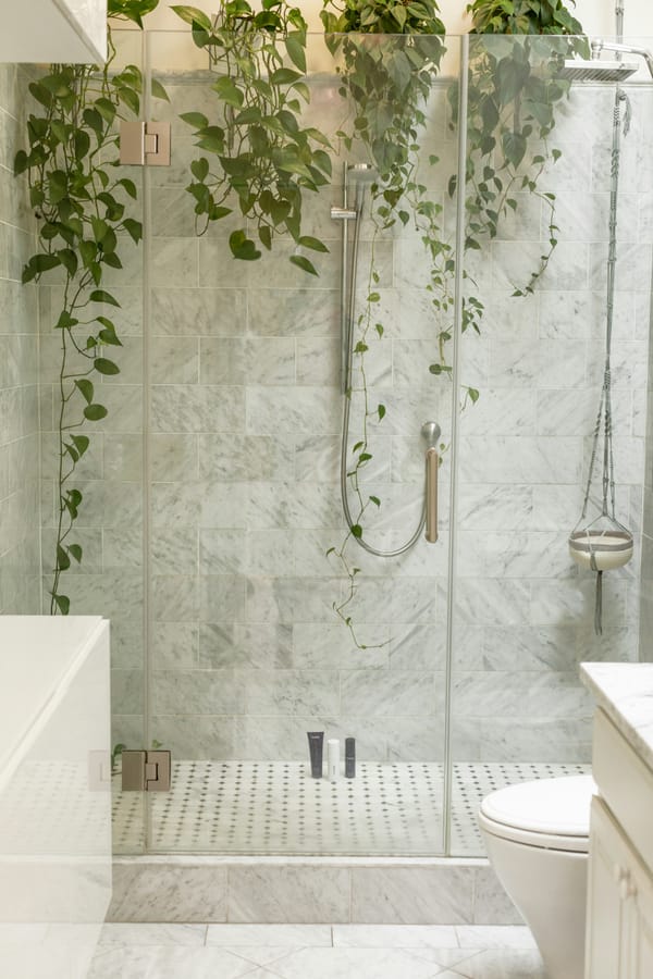 schöne weiße Marmorfliesen in einer Dusche mit Glastür und Pflanzen